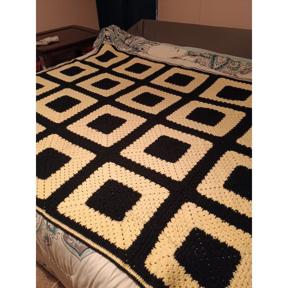 Vintage-handmade Crocheted afghan Granny Square Black, And Yellow. Heavy